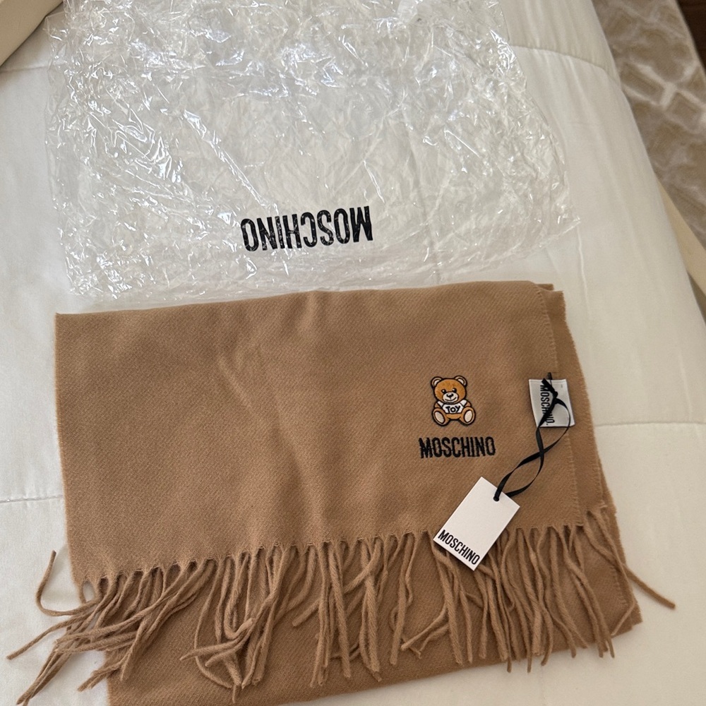 Moschino Camel Scarf with Bear Motif